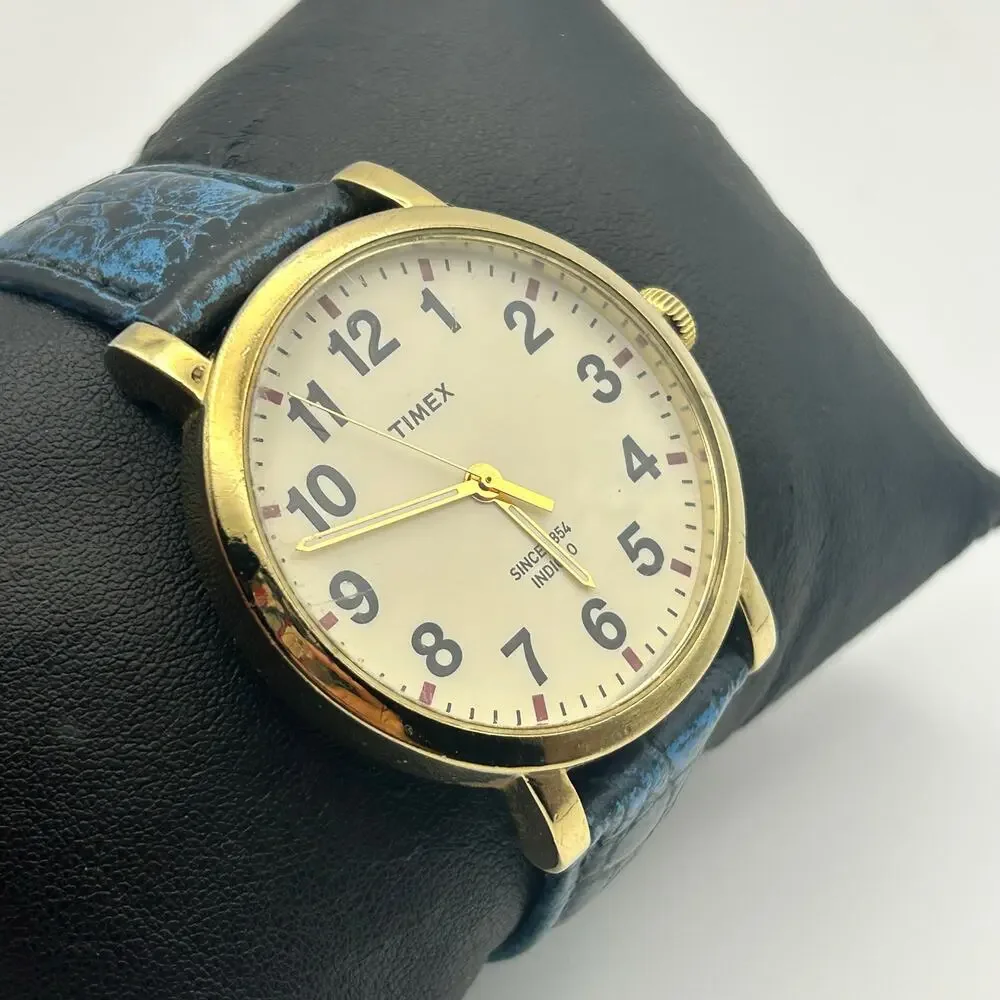 Timex Men's Gold Case Watch with Blue Leather Strap and White Dial